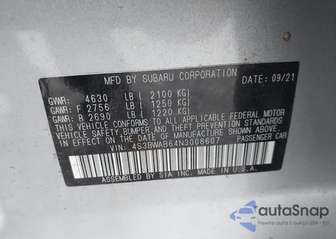 2022 Subaru Legacy from USA, damaged, VIN 4S3BWAB64N3008607